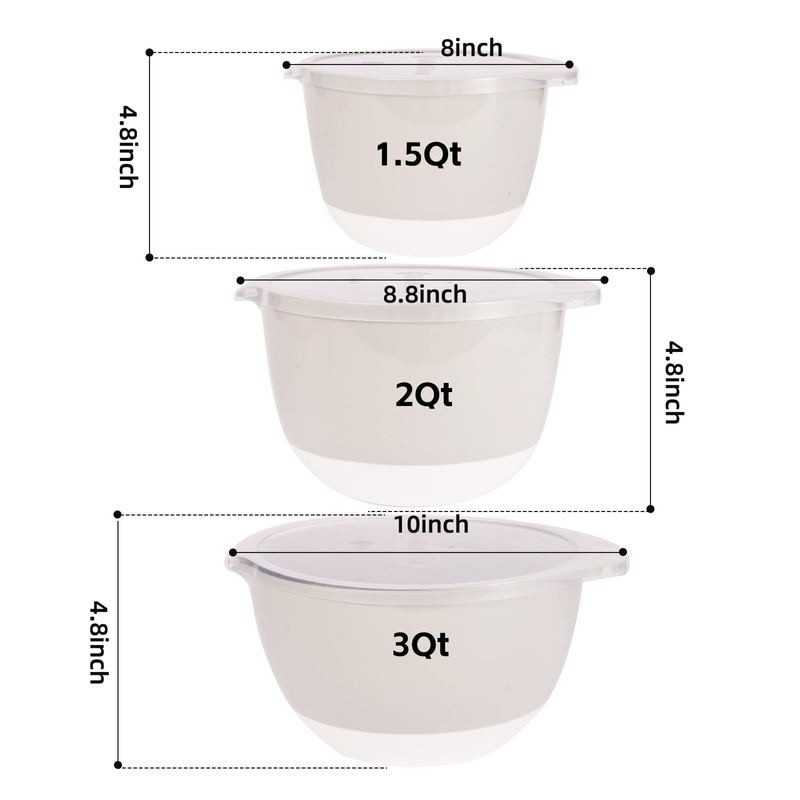 JCXivan 3 Small Plastic Mixing Bowls with Lids,Pour Spout,Non Slip
