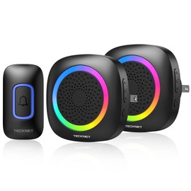 TECKNET Wireless Doorbell, Plug in Door Bells Wireless Cordless with 2 Receivers, IP66 Waterproof Wireless Door Chime Kit with RGB Light, 400M Wireless Range, 60 Chimes, 5 Volume Level (Black)