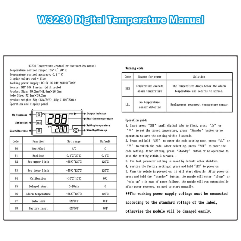 W3230 DC 220V Digital Temperature Controller Binghe W3230 LCD Digital