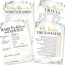 50 juegos de Greenery Baby Shower de género neutro - 4 juegos de doble cara, predicción y consejo de bebé, trivia para bebé, juego de baby shower, etc., juegos de revelación de género para invitados