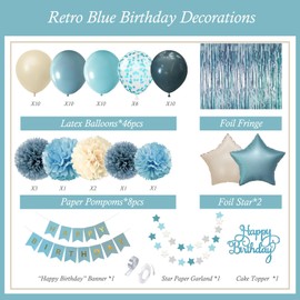 Blue Birthday Decorations - Blue Party Decor Balloons with Happy Birthday Banner Fringe Curtain Background Blue Pom Poms, Light Blue Birthday Decorations for Baby Boys Girl Men Women