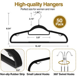 UEAKPIC Plastic Hangers 50 Pack, Heavy Duty Clothes Hangers with 360° Swivel Hook, Non-Slip Bar & 0.2" Ultra-Slim Space-Saving Closet Organizers for Coats, Pants, Suits, Shirts, Black