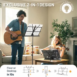 CAHAYA Portable Sheet Music Stand: Dual Use Desktop Book Holder Folding Lightweight Extra Stable Reinforced with Carrying Bag and Clip for Students Musicians Height Adjustable up to 54.3" CMS0204