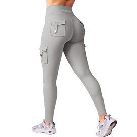 YEOREO Workout Cargo Leggings with Pockets for Women Hidden Scrunch Butt Lifting Hedda Leggings Compression Gym Yoga Pants Light Grey M