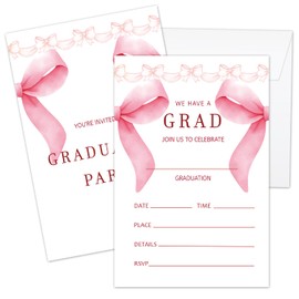 Pink Bow Graduation Party Invitations Cards, 20 Pack Grad Invites with Envelopes, Graduation Celebration Cards for Hign School University College Masters Grad, Grad Party Decoration Supplies -card04