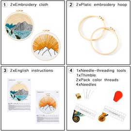 Hand Embroidery Starter Kit for Beginners Adults, Counted Stamped Cross Stitch Needlepoint Kit for Beginner Adult, 2 Embroidery Hoop, 2 Embroidery Fabric with Line Patterns, 2 Set Embroidery Supplies