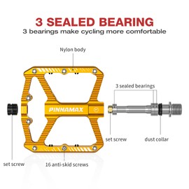 PINNAMAX Bicycle Pedals, CNC Aluminium, 9/16 Inch, Non-Slip Platform, 3 Bearings, Bicycle Pedals for Road Bike, MTB, E-Bike (Gold)