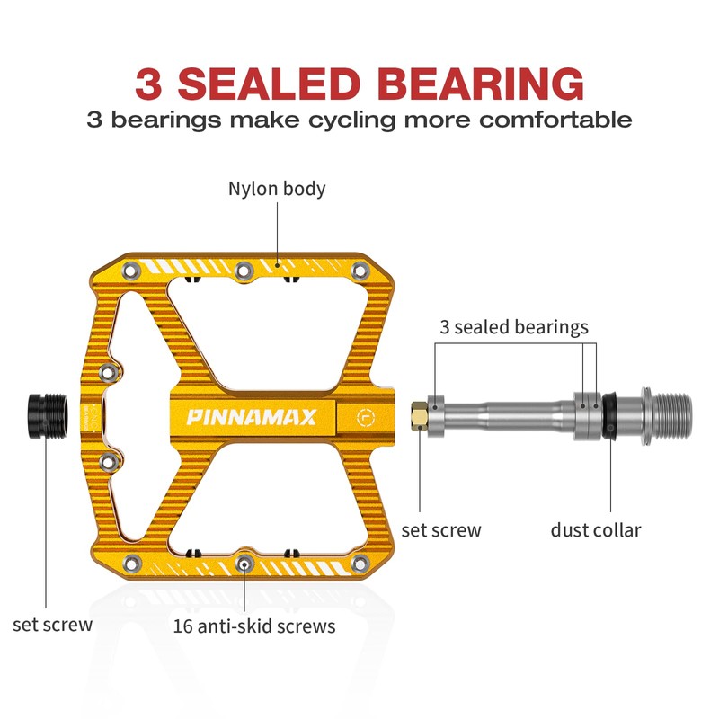 PINNAMAX Bicycle Pedals, CNC Aluminium, 9/16 Inch, Non-Slip Platform, 3