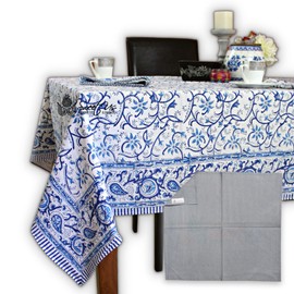 Sweet Us Stella Floral Cotton Block Print Tablecloth and One Gray Napkin, Floral Kitchen Dining Table Cloth, Table Cover for Indoor and Outdoors, Blue Opal, 60 x 90 in