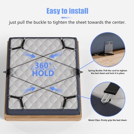 HOUSE AGAIN Bed Sheet Straps, Manually Adjustable Fasteners with Metal Clips, Bed Sheet Holder for 360-degree Fitted Sheet Tightening, Strength Cord Lock Keep Sheet in Place, Fits All Mattress Sizes