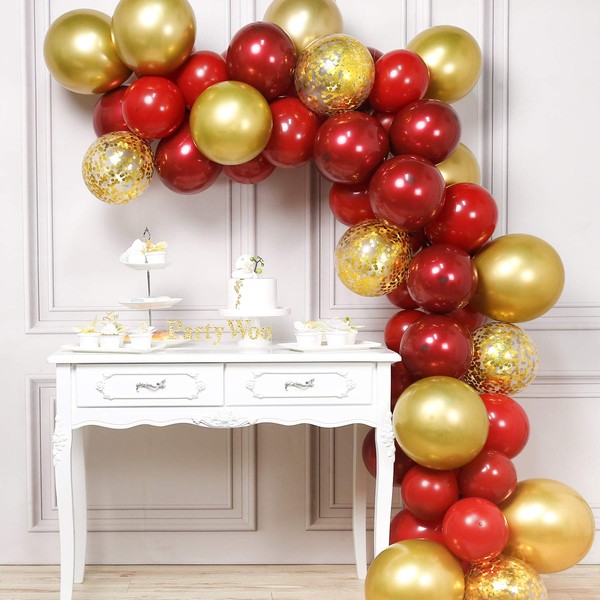 PartyWoo Red and Gold Balloons, 50 pcs Burgundy Balloons, Ruby Red Balloons, Gold Confetti Balloons, Gold Metallic Balloons for Red and Gold Party Decorations, Burgundy Party Decorations