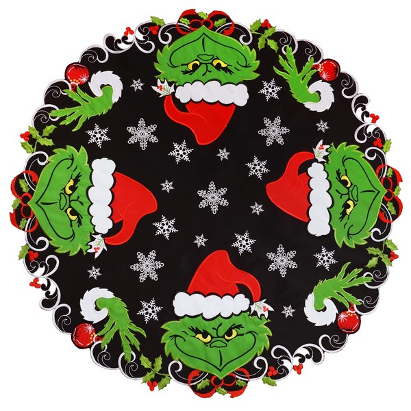 Grelucgo Embroidered Black Snowflakes Round Tablecloth for Christmas Holidays and