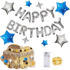 CANREVEL Happy Birthday Banner 13pcs 16 Inch Mylar Foil Letters Sign with 8pcs Star Balloons & LED Lights Birthday Party Decorations for Kids and Adults - 3D Silver Blue