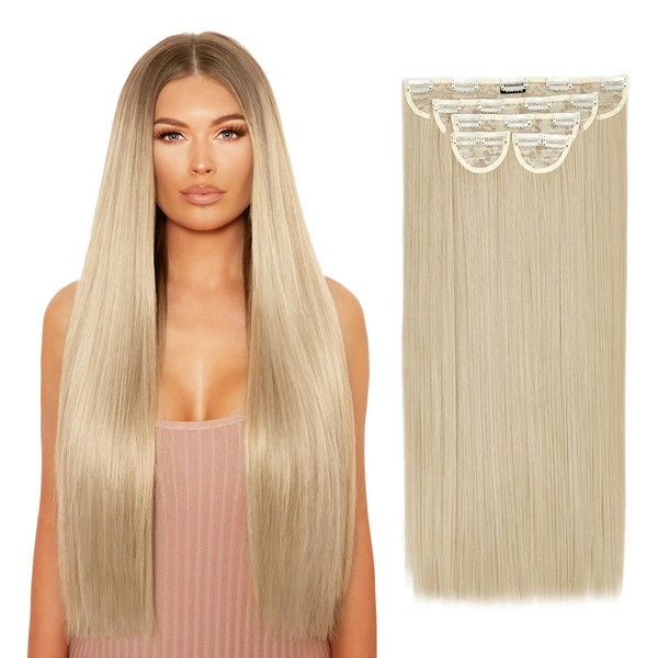 LullaBellz Clip-In Synthetic Hair Extension – 5 Piece, Super Thick 26” Length, Pre-Styled Straight, California Blonde, Includes 3 Wide Pieces, 2 Narrow Pieces, 2 Extra Clips, Suits All Hair Types