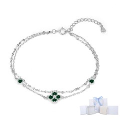 FH.bird Birthstone Bracelet, Women's, Mother's Day, Four Leaf Clover, Lucky Flower, Ribbon Wrap, Silver 925, Hypoallergenic, 2 Strand Bracelets, Emerald, Simple, Birthday Gift, For Girlfriend
