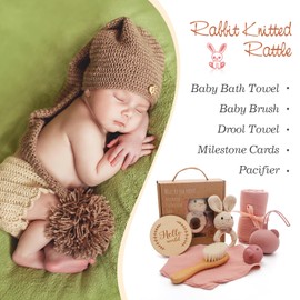 Youuys 7-Piece Baby Gift for Newborn, Baby Gift Girl Boy, Bath Towels, Rattle, Dummy, Milestone Cards, Bib, Brush, Gift Wrapping, Baby Shower (Pink)