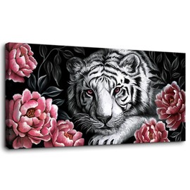 Canvas Wall Art for Living Room,Black and White Tiger with Pink Flowers Wall Art,Modern Aesthetic Home Decor,Animal Painting Picture Canvas Prints for Kids' Room Bedroom Office,48 x 24 inches