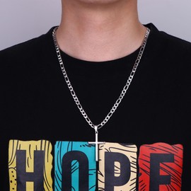 MILACOLATO 925 Sterling Silver Cross Necklace for Men Women, 5mm Durable Stainless Steel Diamond-Cut Figaro Chain with Beveled Edge Sterling Silver Cross Pendant, Mens Silver Crucifix Cross Necklaces Jewelry 16 Inches