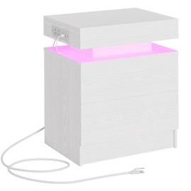 LIKIMIO Night Stand with Charging Station, Modern White Nightstand with LED Light and Drawers, Bedside Tables/End Table for Bedroom
