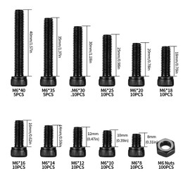 Pack of 200 M6 Screw Set, Black Hex Bolts with Nuts and Washers, Screws Nuts and Washers Assortment, Hex Screw Set with 2 Pieces Wrenches