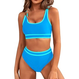 Holcuva Women's High Waisted Bikini Set Sporty Crop Top Cheeky High Cut Swimwear Tummy Control Color Block Two Piece Bathers Light Blue