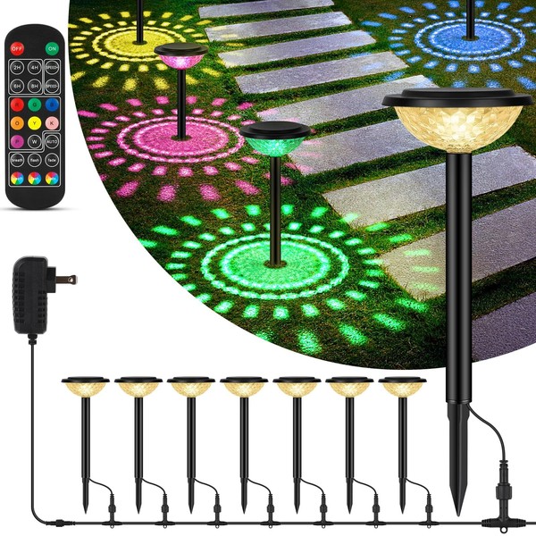 Brightever 8-Pack Outdoor Pathway Lights with Remote Controller, Low Voltage Color Changing LED Landscape Lighting, Warm White Garden Lights Waterproof for Walkway Backyard Lawn Halloween Decoration