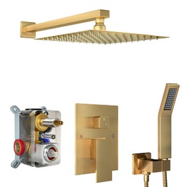 Fatspas 10 Inch Shower Faucet Set, Rainfall Shower System with Square Fixed Rain Shower Head and High Pressure Handheld Shower Head, Wall Mounted Rainfall Shower Fixtures, Brushed Gold