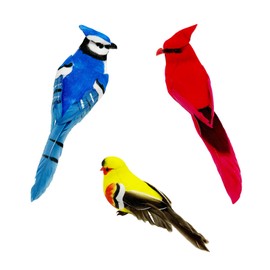 3pcs Clip On Artificial Birds Realistic Red Cardinal Blue Jay Birds Yellow Goldfinch Assorted Birds for Decoration and Crafts Christmas Tree Ornaments (Claw)