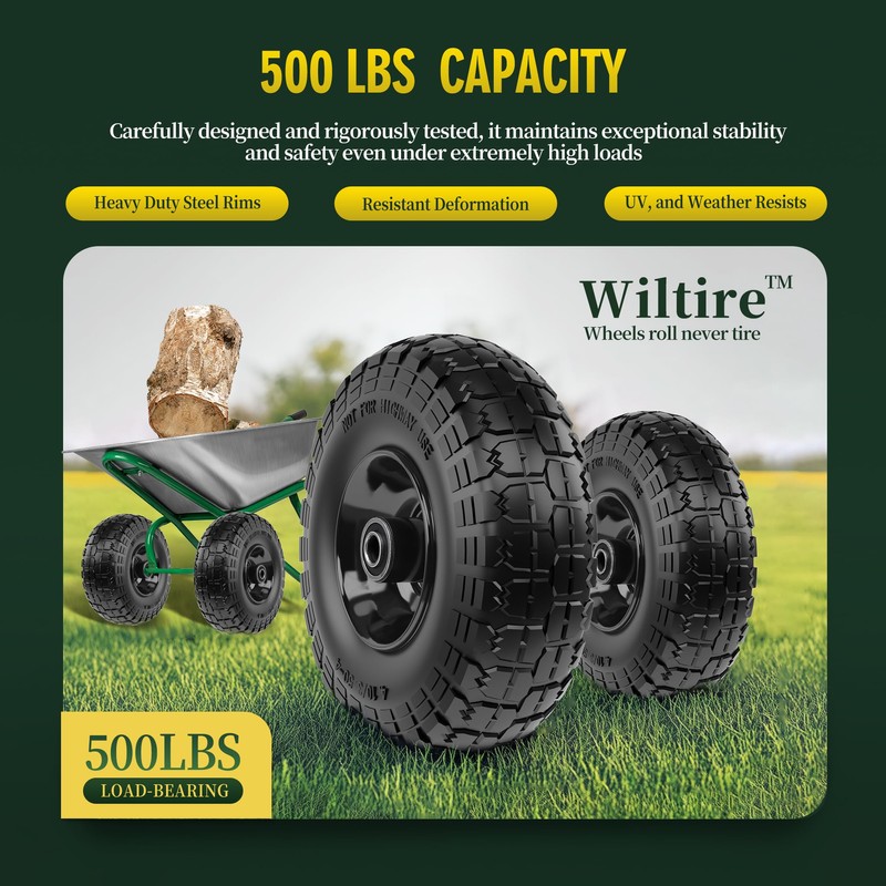 Wiltire (2 Pack) 4.10/3.50-4 Flat Free Tire and Wheel 10-Inch
