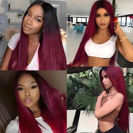 GLSMOSNW Burgundy Straight Bundles 1B/99j Human Hair Bundles Two Tone Black To Wine Red Hair Extensions 12 14 16 Inch Ombre Straight Bundle