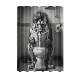 JAWO Funny Cool Lion Shower Curtain, Fun Leo Wild Masculine Animal Humor Leo Animal on Toilet Shower Curtains Set, African American Grey and White Mens Shower Curtains Bathroom with Hooks 36x72