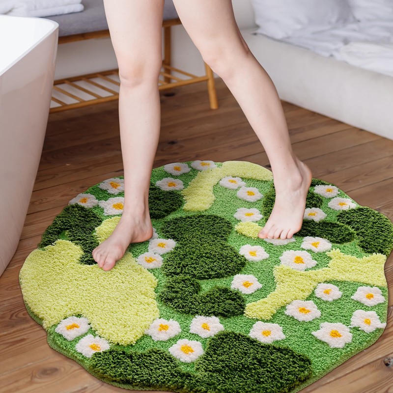 YIKUSH Moss Bath Mat Green Bathroom Rug with Small White
