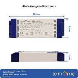 Lumonic I BLV-150-12 LED Transformer I 12V 150W I Input 220-230VAC I Flicker-Free I Overload Protection I LED Power Supply I pa