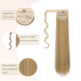 Dcbaboo 55 cm Ponytail Extension, Ponytail Hairpiece, Braid Extensions, Straight, Long Wrapped Ponytail Hair Extension, Synthetic Clip-In Fake Braid, Straight Hair Extension, Light Blonde & Sandy