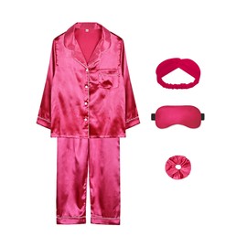 MEEYI 4 Pcs Girls Silky Pajamas Birthday Spa Party Wedding Soft Lounge Sets with Blindfold Hair Bands and Elastic Hair Scrunches (Rose, Tag 130)