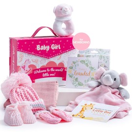 Hattie's Gifts Newborn Baby Girl Hamper - Elephant Comforter, Bear Rattle Toy, Muslin Cloth, Hat & Mitten Set, Booties, Milestone Cards, and Welcome Card - Christening and Baby Shower Gifts