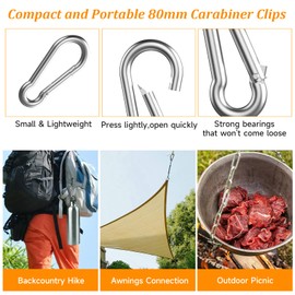 Pack of 8 Carabiner Hooks Large Carabiner Diameter 8 x 80 mm Carabin Stainless Steel Carabiner with Spring Hook Fire Brigade Carabiner Load Capacity up to 300 kg, Fishing Climbing Carabiner for Swing,