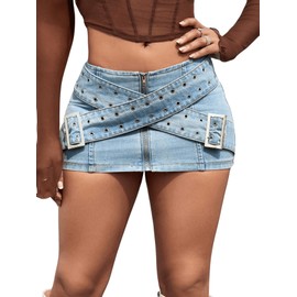 MakeMeChic Women's Denim Mini Skirt Criss Cross Bodycon Street Cowgirl Cargo Jean Skirts Light Blue Medium