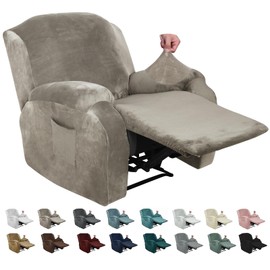 MAXIJIN Velvet 4 Piece Recliner Cover Stretch Plush Soft Cover for Recliner Chair Thick Soft Recliner Chair Slipcover Separate Chair Cover for Recliner with Side Pocket (Recliner, Khaki)