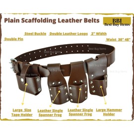 BBI LTD Scaffold Leather Tool Belt 5 PCS, 30''-48'' Brown, Includes 2 Spanner Frog, Level & Tape Holder