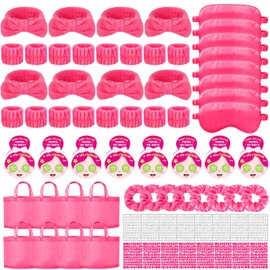 EYNDYN 72 Pcs Spa Sleepover Party Supplies for Girls With DIY Stickers And Greeting Card Rose Red Headband Wristbands Eye Mask Hair Scrunchie Tote Bag Sleeping Slumber Party Favors