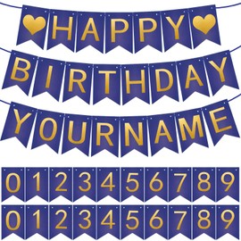 Meanplan 124 Pcs DIY Letter Banner Glitter Customizable Banner Reusable Happy Birthday Party Banner Decor Including 110 Letters and Numbers 5 Rope for Men Women Bunting Shower Birthday Party(Navy Blue)