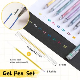 Glitter Gel Pens, 8 Colour Glitter Gel Pens with 8 Refills, Colourful Glitter Gel Pen Colourful for Children Drawing, Adult Colouring Books, 1.0 mm Tip