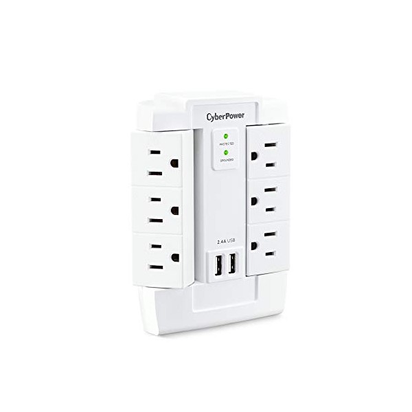 CyberPower CSP600WSURC2 Surge Protector, 1200J/125V, 6 Swivel Outlets, 2 USB