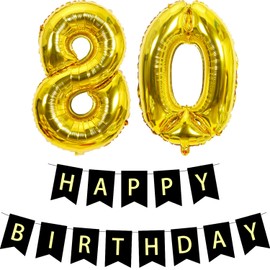 Pargleev Number 80 or 08 Helium Foil Balloons 80th 08th Happy Birthday Banners Bunting Set with 32 inch Mylar Foil Balloons for Men Women Boys Girls Party Decorations Black Gold
