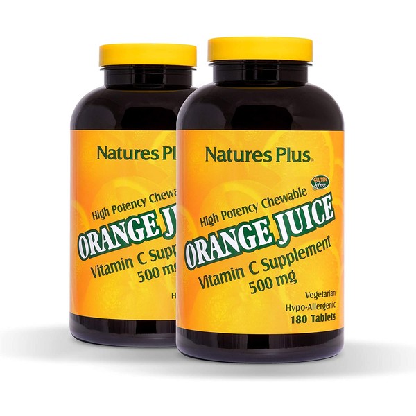 NaturesPlus Orange Juice Chewable Vitamin C (2 Pack)- 500 mg, 180 Tablets - High Potency Immune Support Supplement, Antioxidant - Gentle On Stomach - Vegetarian, Gluten-Free - 360 Total Servings