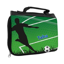 Toiletry Bag with Name Taha and Football Design with Goal for Boys Toilet Bag with First Name Wash Bag for Children