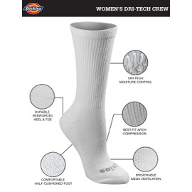 Dickies Women's Dri-Tech Essential Moisture Control Crew Socks, Available in S-XL (6, 12, White Solid (6 Pairs), Large