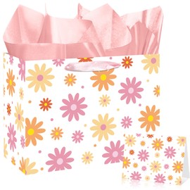 Daisy Groovy Party Bag for Girls Pink Groovy Daisy Flower Wrapping Bag with Tissue Paper Card for Women Retro Hippie Birthday Baby Shower Wedding Wildflower Decorations Party Supplies(White Dasiy)
