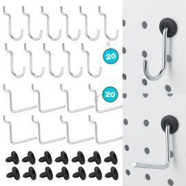 Pegboard J Hooks Accessories - 40 Set Peg Board L and J Type Hooks Fit 1/4 Pegboards - Metal Heavy Duty Small Racking Hangers Utility Tool Organizers for Kitchen Garage Workshop Craft Office (Silver)